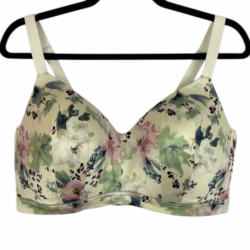 Cacique Lane Bryant Floral Wireless Pullover Bra Size 44DD Cream Pink Green